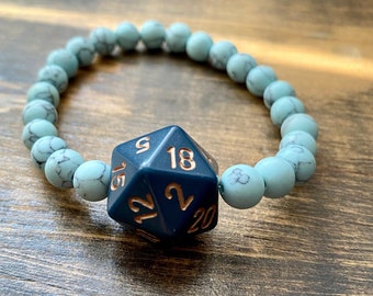 DnD Bracelet, Howlite Beads, elastic bracelet, dice, DnD, D20, MTG, Critters, RPG, Critical Role, geek gift, nerd, gift