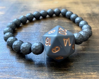 DnD Bracelet, Hematite Beads, elastic bracelet, dice, DnD, D20, MTG, Critters, RPG, Critical Role, geek gift, nerd, gift