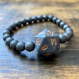 DnD Bracelet, Hematite Beads, elastic bracelet, dice, DnD, D20, MTG, Critters, RPG, Critical Role, geek gift, nerd, gift