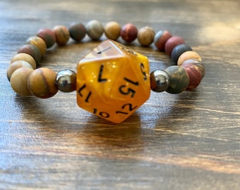 Critical Role, DnD Bracelet, Bertrand, Red Creek Jasper Beads, gunmetal, elastic bracelet, dice, DnD, MTG, RPG, dice, geek gift, dnd gifts