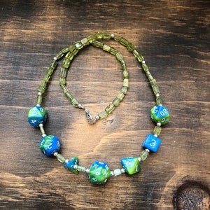 Critical Role Necklace 17&quot;, Peridot and  Sterling Silver, 7 small dice, RPG, polyhedral, DnD, D20, MTG, Critters, critrole, mighty nein,