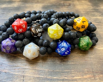 DND Bracelet, DnD Jewelry, D20, MTG, Lava Rock Beads, Critical Role, Available in 5"-9", RPG, polyhedral dice, dice, critrole, mighty nein