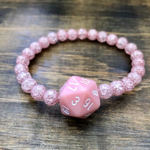 DnD Bracelet, Rose Crackle Quartz Beads, elastic bracelet, dice, DnD, D20, MTG, Critters, RPG, Critical Role, geek gift, nerd, gift