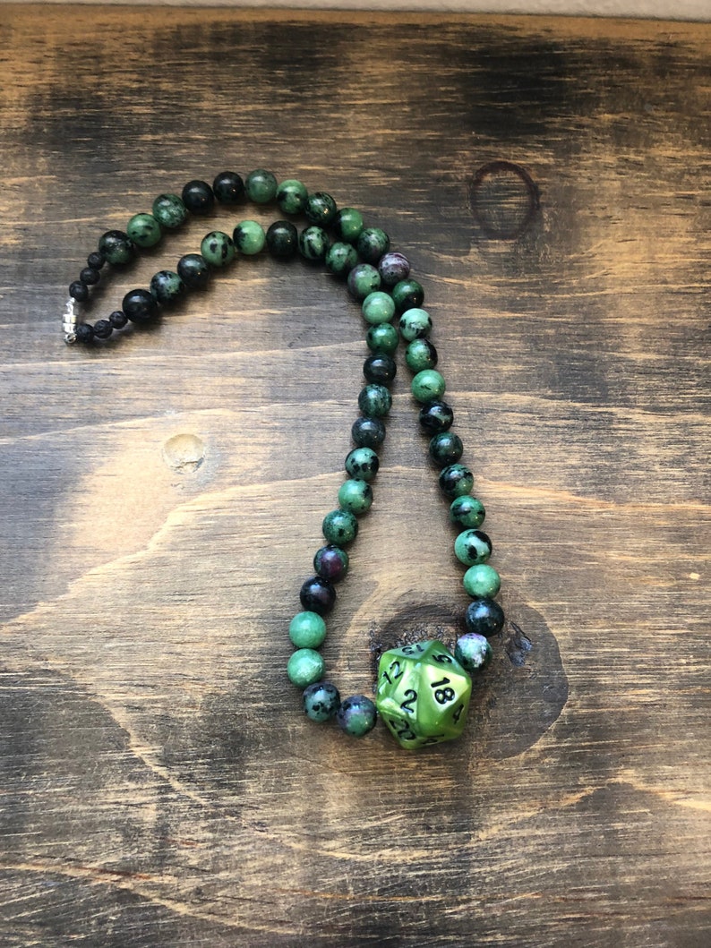 MTG DnD Critical Role Necklace polyhedral critrole D20 Fjord Ruby in Zoisite Critters RPG geek Lava Rock /& Sterling 17 Nott