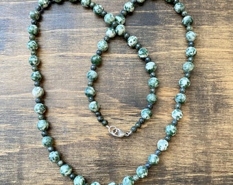 Agate and Serpentine Beaded necklace, green necklace, sterling silver, long necklace, 25 inches