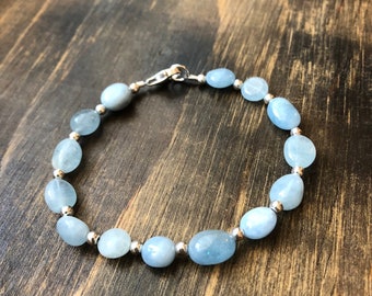 Aquamarine & Sterling Silver  Beaded Bracelet, March Birthstone, treat yourself, blue, aqua, simple, elegant, stacking, stackable