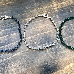 Swarovski Crystal & Sterling Beaded Bracelet, Knotted Silk, Stacking, Stackable, green, blue, silver, crystal, gift for her, adjustable