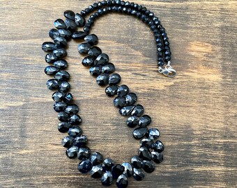 Black Spinel & Onyx Beaded Necklace, Briolette, teardrop, gift for mom sister best friend wife girlfriend, treat yourself, Black and Silver