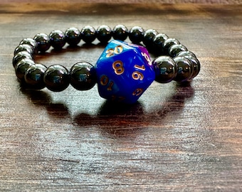 DnD Bracelet, DnD, D20, MTG, Metallic Hematite beads, Critters, RPG, dnd gifts, Critical Role, d&d gifts, Purple/blue D20