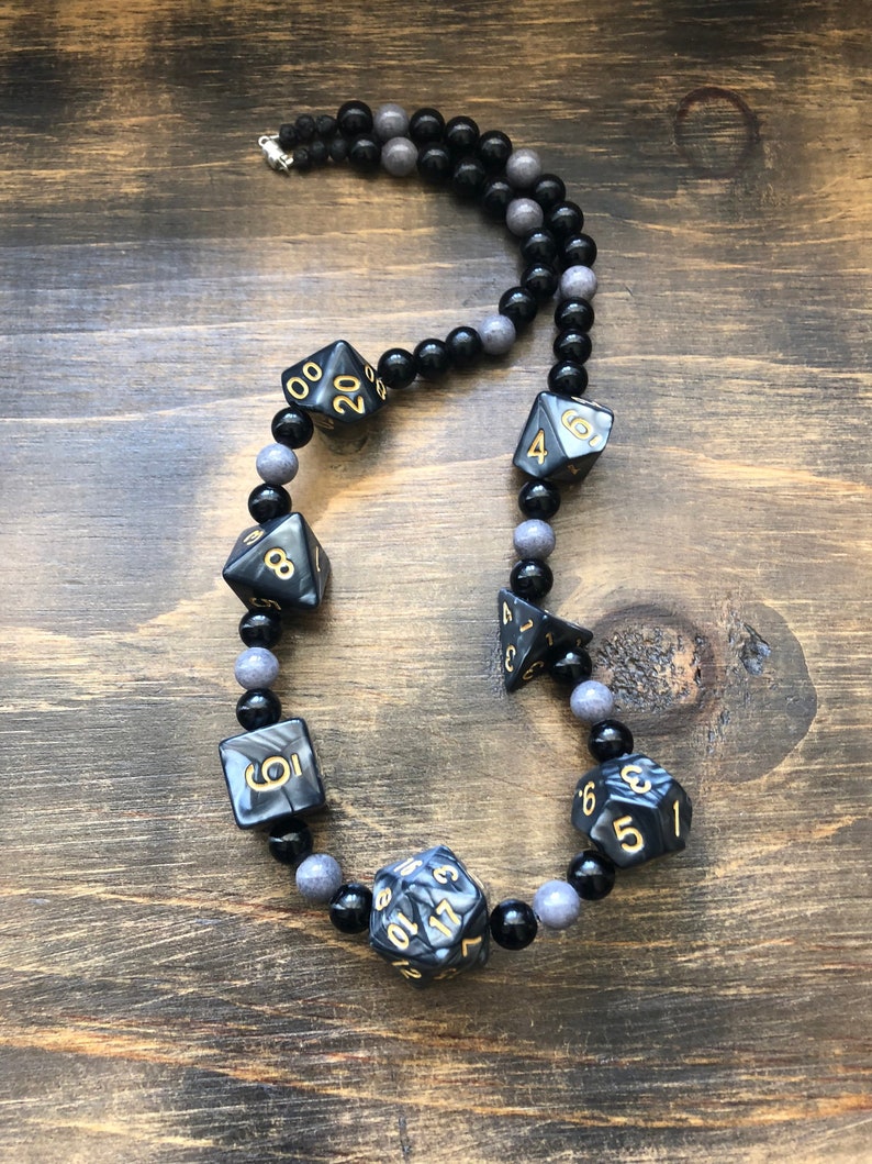 rpg 20 polyhedral Critters DnD Critical Role Necklace d20 Vax/'ildan Gray and Black Jade /& Sterling Silver Clasp Yasha mtg