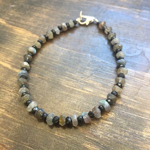 Labradorite, Black Spinel, and Sterling Silver Beaded Bracelet 6 3/4&quot;, gifts for women mom sister best friend wife girlfriend