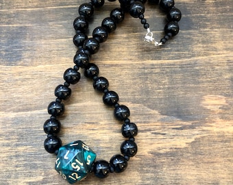DnD Necklace, Obsidian and Onyx Beads, Sterling Silver clasp, D&D, Critical Role, RPG,  geek gift, nerd, D20, dungeons and dragons, nerd