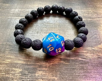 DnD Bracelet, DnD, D20, MTG, Black Lava Rock beads, Critters, RPG, dnd gifts, Critical Role, d&d gifts, Purple/blue d20