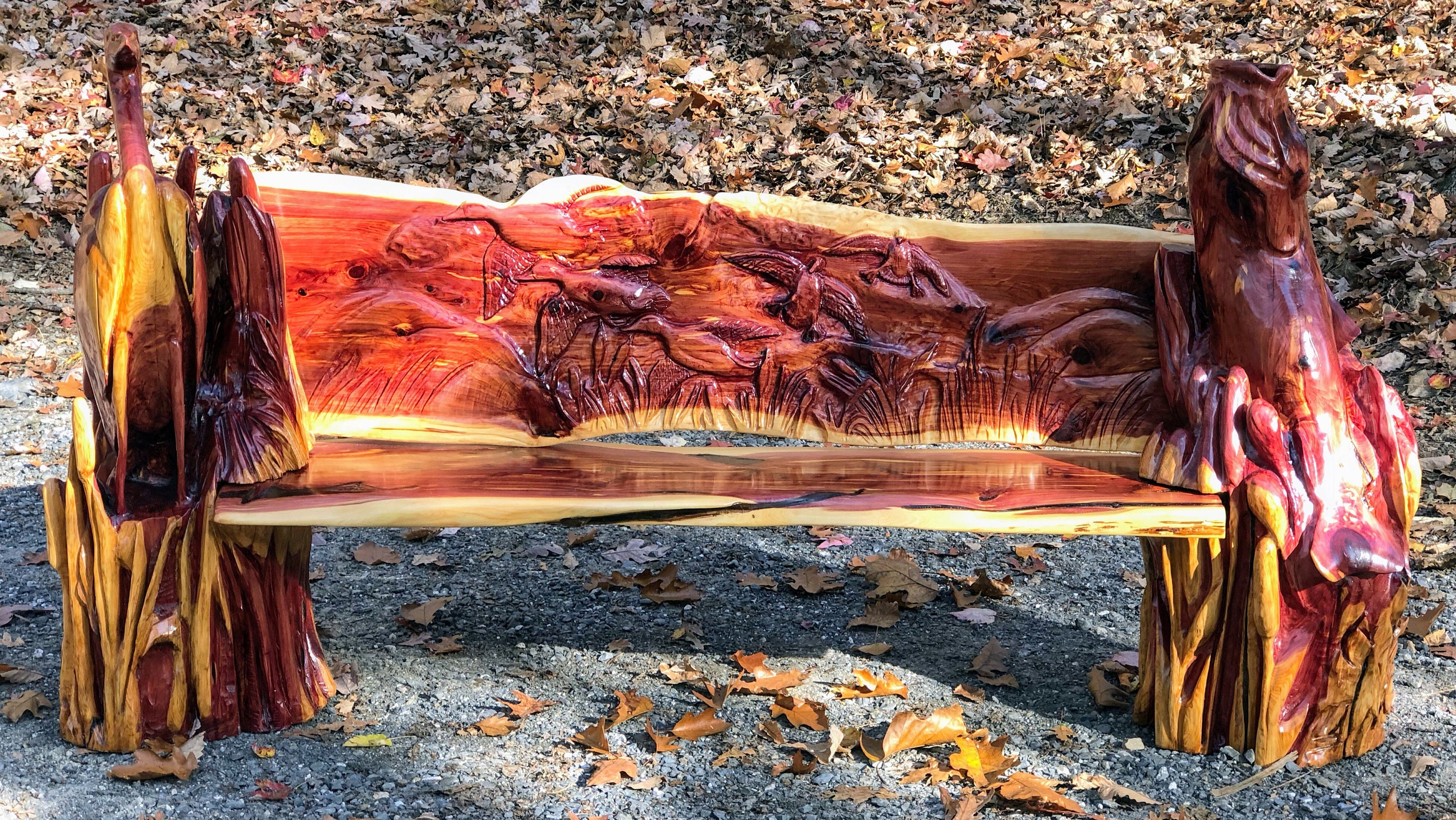 Custom Carved Cedar Bench Chainsaw Carving and Jand Detailing
