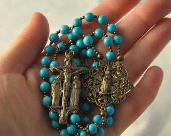 Beautiful Turquoise Magnesite and Bronze Rosary With Ornate Our Lady Centerpiece and Unique Crucifix With St. John and the Blessed Mother