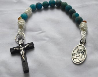 St. Francis Xavier One-Decade Rosary: White Twine, Blue Apatite Beads, and a Black Wood Crucifix