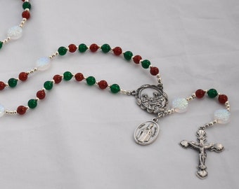 Christmas Rosary With Snowflake, Red & Green Beads, Holy Family Nativity Centerpiece, and St. Nicholas Medal