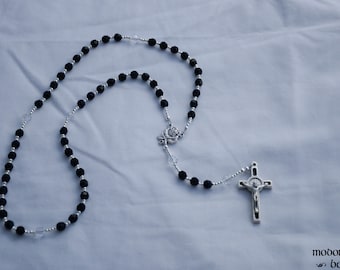 Beautiful Black and White Our Lady of Lourdes Rosary Featuring a Rose Centerpiece and a Fancy St. Benedict Black Inlaid Crucifix