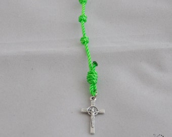 Bright Spring Green Single Decade Knotted Twine Rosary Featuring a Tiny St. Benedict Crucifix