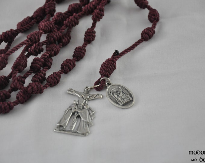 Featured listing image: Mary's Dowry Rosary Maroon Wine Red Knotted Twine Rosary Featuring an Our Lady of Walsingham Medal and a Crucifix with Our Lady and St. John