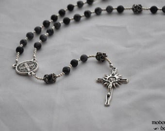 St. Benedict Rosary With Snowflake Obsidian Beads and Starburst Crucifix