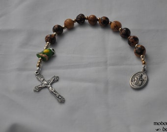 St. Francis Patron Saint of Animals One-Decade Rosary With Green Parrot Bead and Acai Nut Beads