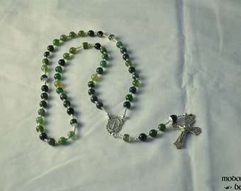 Green Moss Agate Rosary With Floral Miraculous Medal Centerpiece and Pewter Crucifix With Leaf Designs