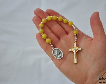 One-Decade St. Marianne Cope Rosary With Yellow Marble Beads and White St. Benedict Crucifix