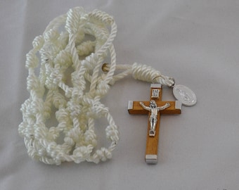 White Knotted Twine Rosary with Wood Crucifix and Miraculous Medal
