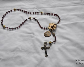 Three Kings Christmas Rosary With Bronze Sacred Heart Centerpiece and Garnet Beads