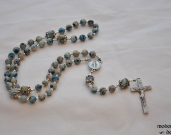 K2 Jasper Rosary With Miraculous Medal Centerpiece and Wood Grain Metal Crucifix