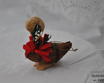 Wooden Goose Christmas Ornament with a Red Bow and Flowers