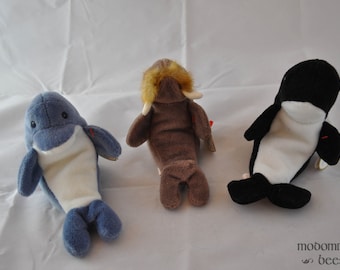 Sea Critters Set: Echo the Dolphin, Jolly the Walrus, and Waves the Orca / Killer Whale 1996 Vintage Ty Beanie Baby Toys