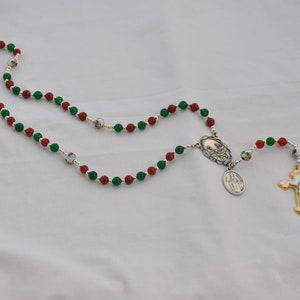 Christmas Rosary With Red & Gree Beads, White Flower Lampwork Beads, Nativity Centerpiece, and St. Nicholas Medal