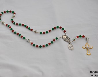 Christmas Rosary With Red & Gree Beads, White Flower Lampwork Beads, Nativity Centerpiece, and St. Nicholas Medal