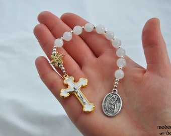 Our Lady of Snow 1-Decade Rosary With Gold Snowflake Bead and White Quartz Beads