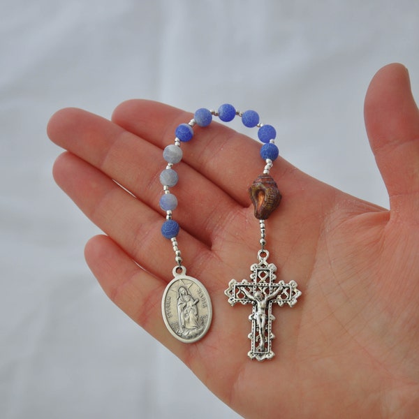 Our Lady Star of the Sea 1-Decade Rosary With Conch Bead, Blue Crackle Agate Beads, and Lattice Crucifix