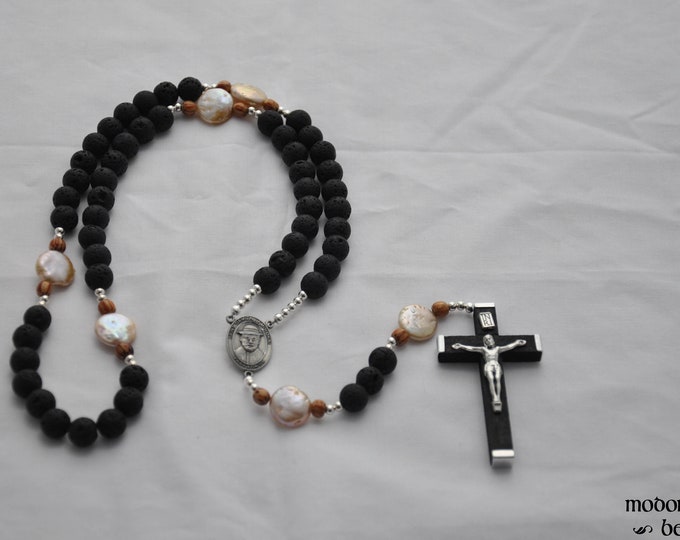 Featured listing image: Unique St. Damien of Molokai Rosary With Lava Beads, Freshwater Pearl Our Father Beads and Palm Wood Spacers, & Black Wood Crucifix