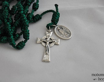 Celtic Irish Rosary: Green Knotted Twine Rosary Featuring a Celtic Crucifix and St. Patrick/St. Bridget Patron Saint Medal