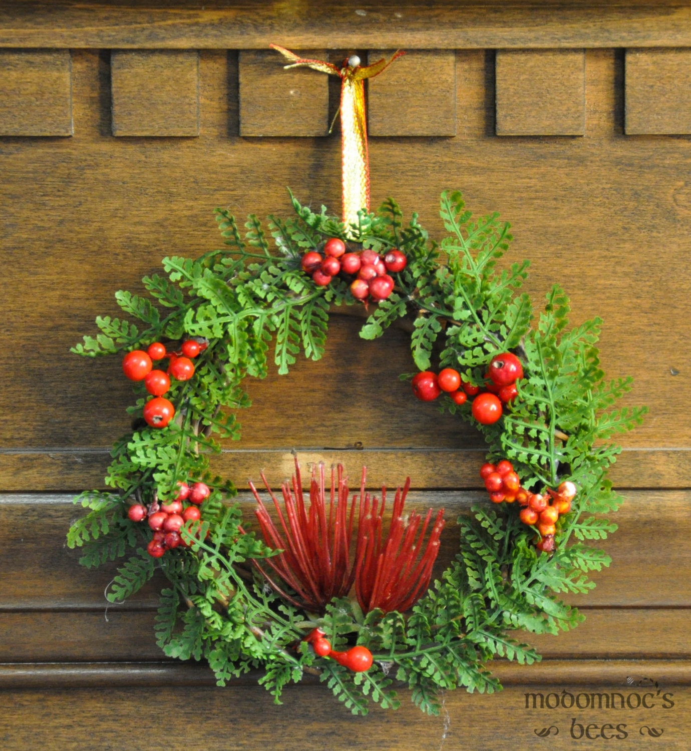 Small New Zealand Christmas Wreath Featuring Pohutukawa, Karamu Berries, Swamp Maire, and Silver 