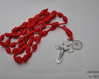 Red Confirmation Knotted Twine Rosary Featuring a Holy Spirit / Holy Trinity Double Sided Medal and a Pardon Crucifix