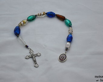 Vintage Glass Beads One-Decade Rosary With Color Miraculous Medal and Pewter Crucifix