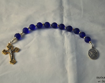 St. Michael Blue Seaglass One-Decade Rosary With Star End Caps and Blue and Gold Crucifix