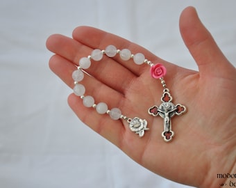 Fatima Rose One-Decade Rosary With Polymer Clay Rose, Quartz Beads, Red Rose Crucifix, and  OL Fatima Rose Medal