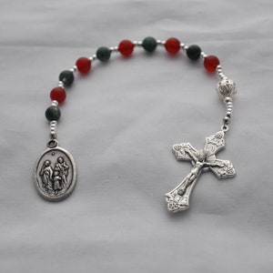 Red & Green Holy Family Christmas Rosary With Carnelian and Moss Agate Beads and Silver Ornament Bead