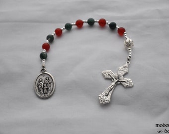 Red & Green Holy Family Christmas Rosary With Carnelian and Moss Agate Beads and Silver Ornament Bead