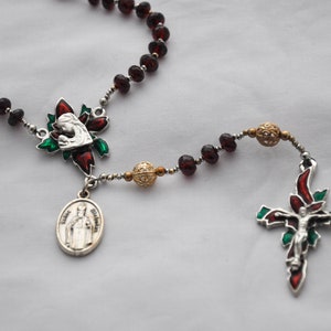 Beautiful Christmas Rosary With Garnet Beads, Gold Ornament Beads, Poinsettia Madonna & Child Center and Crucifix and St. Nicholas Medal