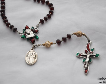 Beautiful Christmas Rosary With Garnet Beads, Gold Ornament Beads, Poinsettia Madonna & Child Center and Crucifix and St. Nicholas Medal