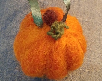 Cute Pumpkin Needle Felted Wool Christmas Ornament with a Rustic Green Hanging Ribbon