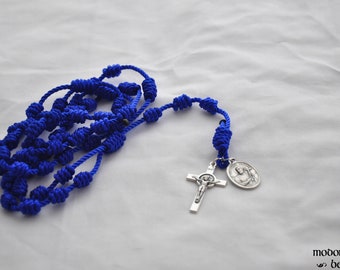 Blue Knotted Twine Rosary with a St. Benedict Crucifix and a Double-Sided St. Francis Xavier and St. Frances Cabrini Patron Saint Medal